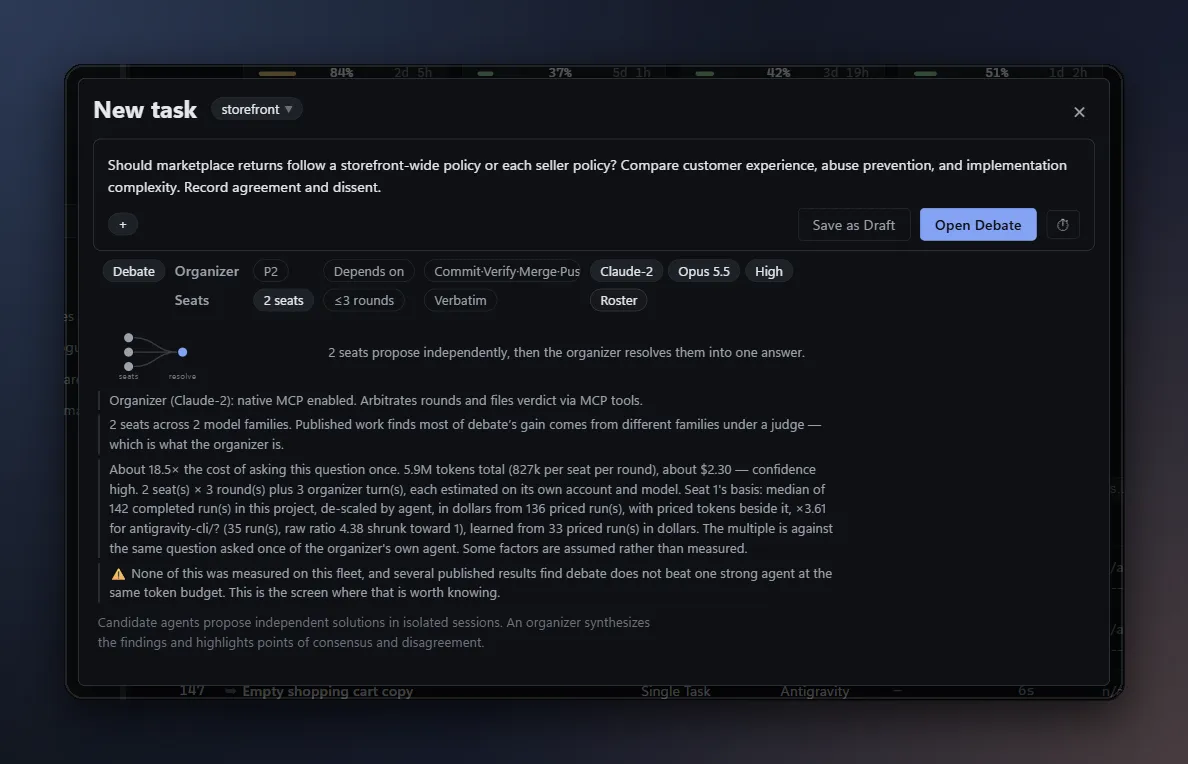 The task composer in Debate mode, with one seat per agent