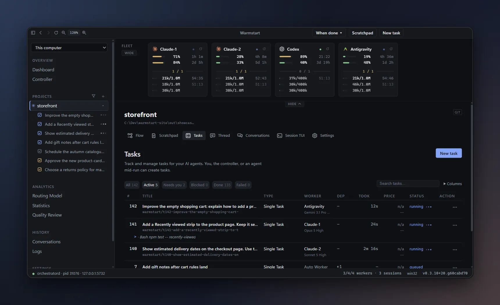 The Tasks board: who is running what, on which branch, and what it has cost so far